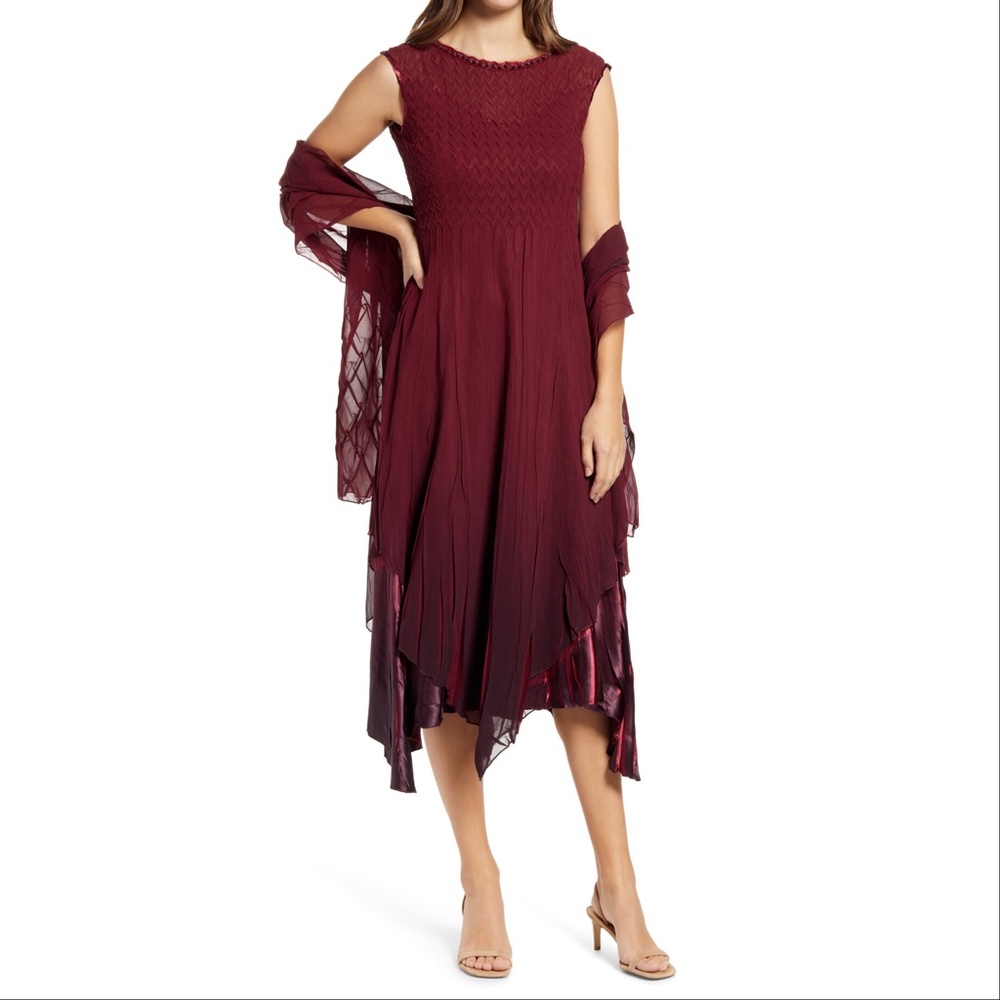 NEW Komarov Beaded Neck Sleeveless Asymmetrical Tiered Dress with Shawl, XL